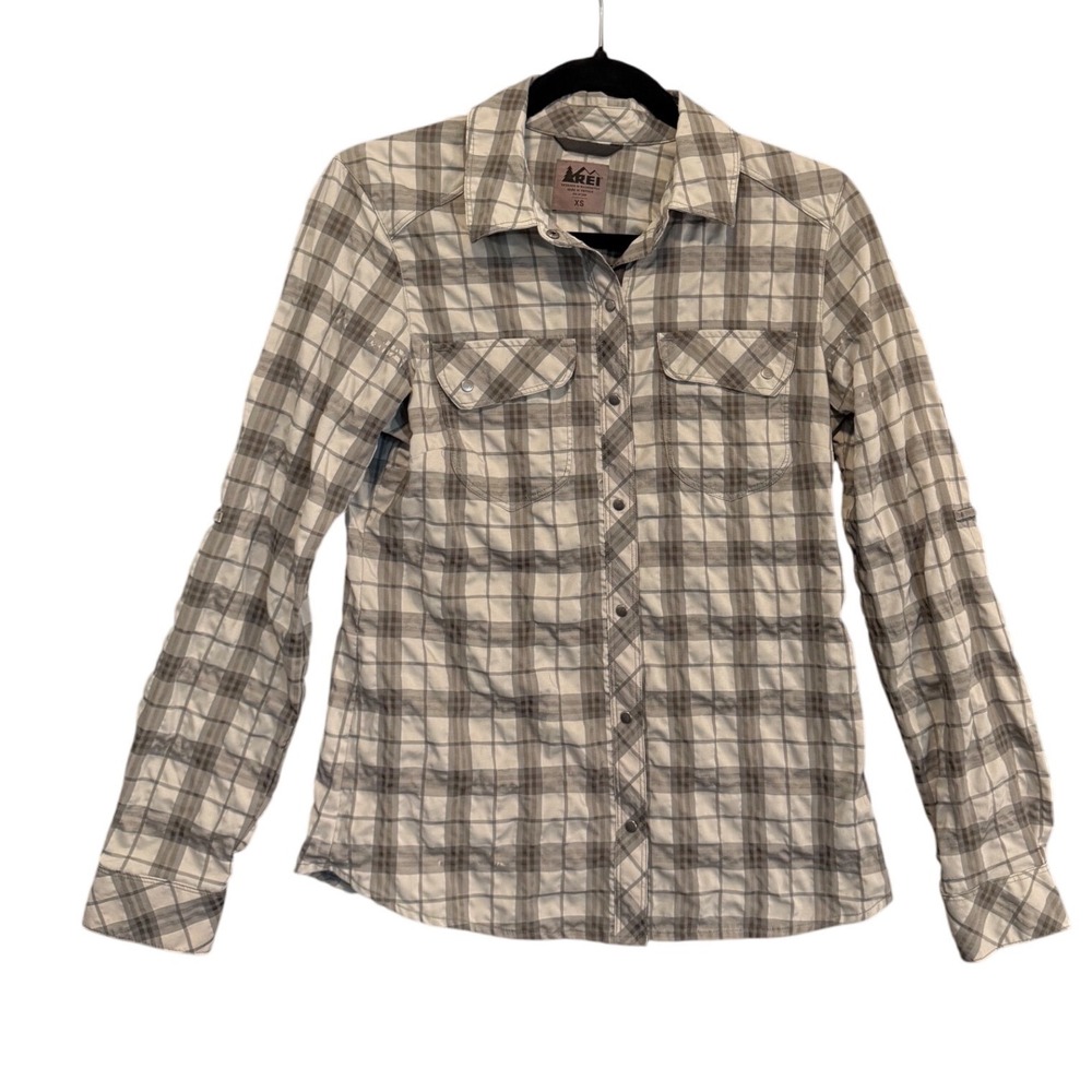 REI Co-op Hiking Womens XS Plaid Long Sleeve Roll Up Shirt Gray White Outdoors
